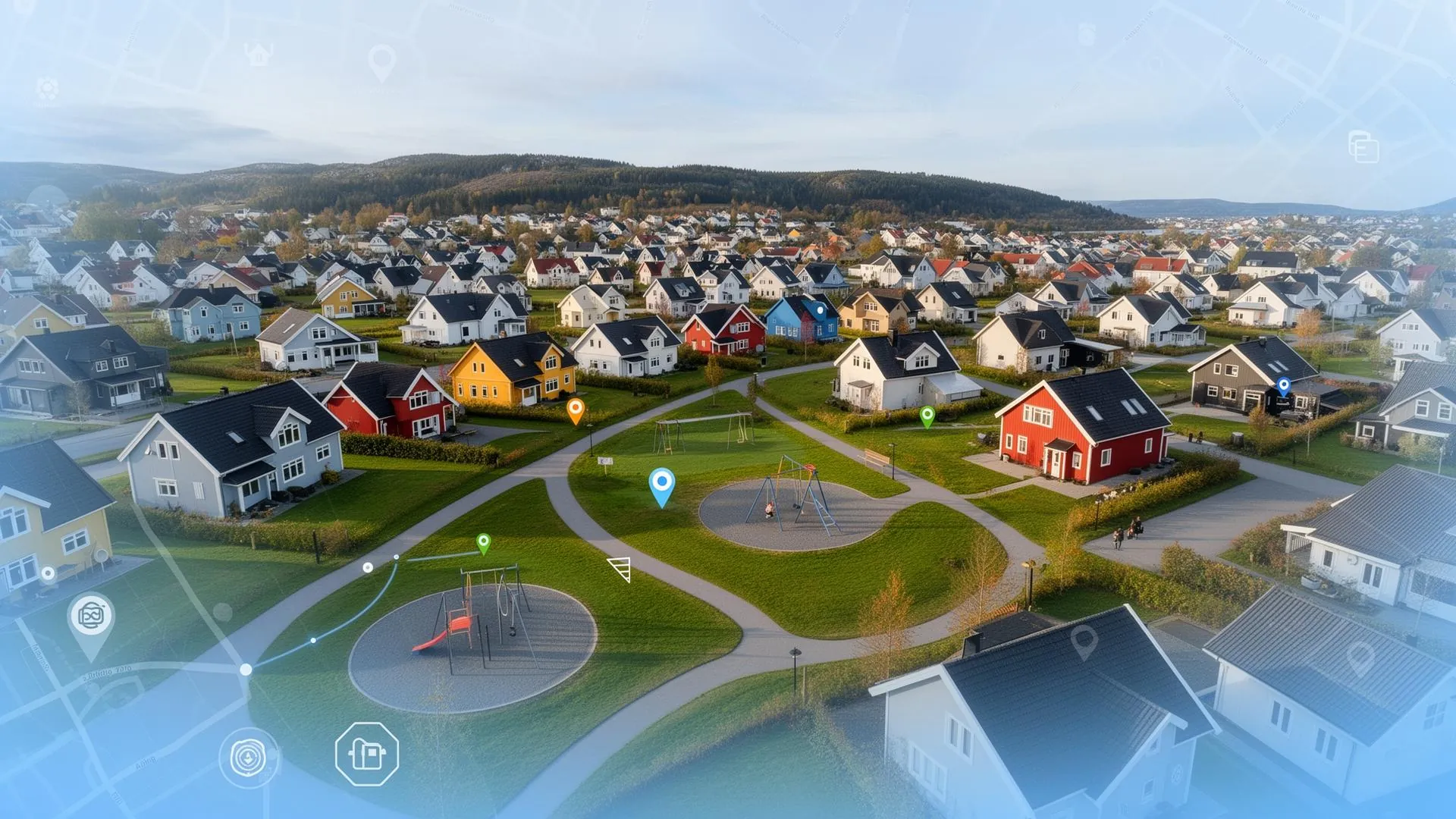 Kartløsning Innbyggerkontakt – kart over norsk boligområde med registrerte eiendommer og kartmarkører